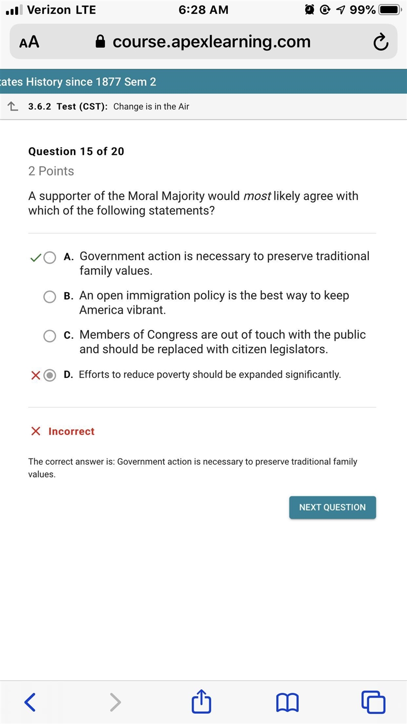 A supporter of the Moral Majority would most likely agree with which of the following-example-1