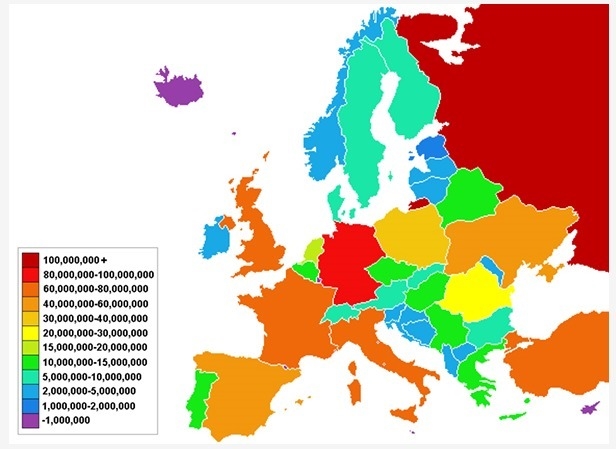 PLEASE ANSWER ASAP!! Use the map below that shows the populations of European countries-example-1