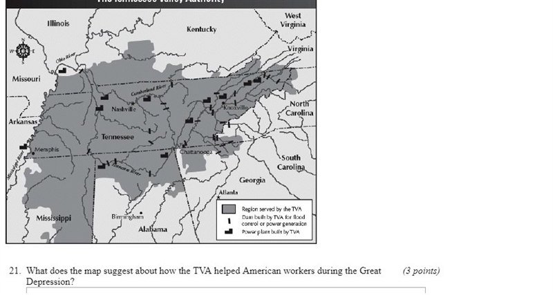 What does the map suggest about how the TVA helped American workers during the Great-example-1