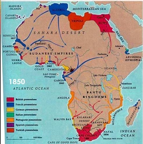 (25POINTS) This 1850 map of Africa, shows that European powers primarily controlled-example-1