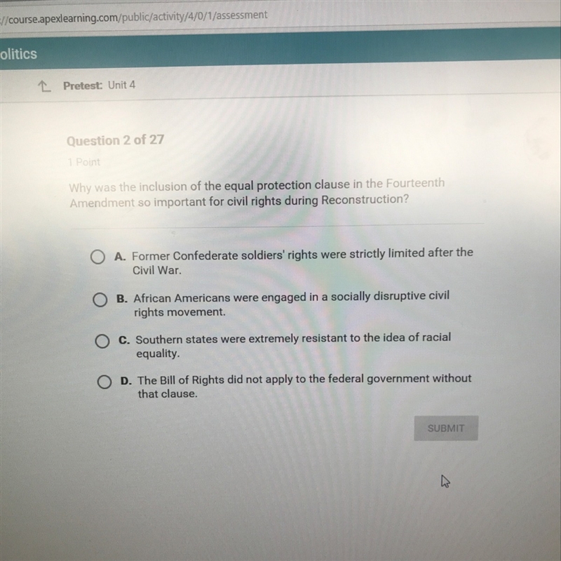 HELP ASAP Why was the inclusion of the equal protection clause in the Fourteenth Amendment-example-1