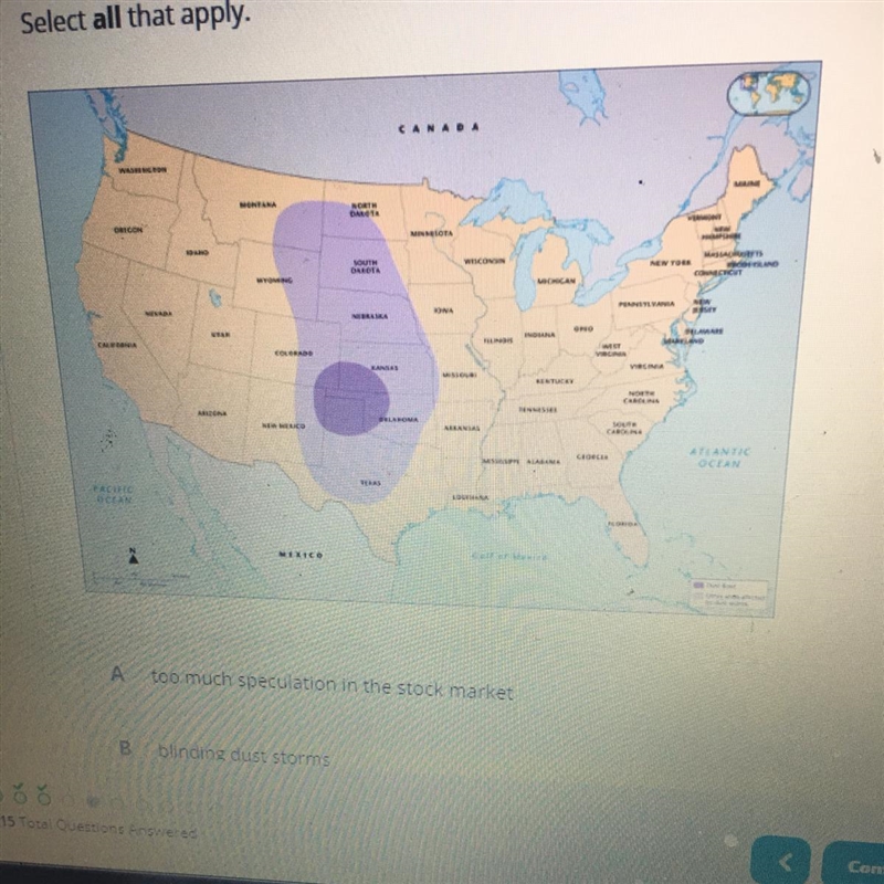 What was a major cause of the dust bowl that took place in the highlighted region-example-1