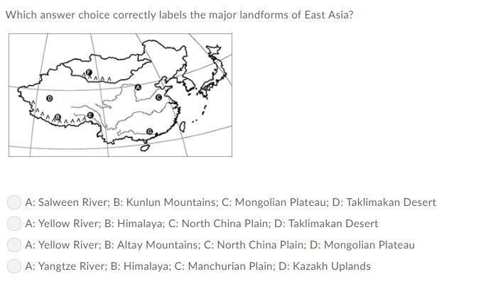 Which of the following correctly labels the major landforms of East Asia?-example-1