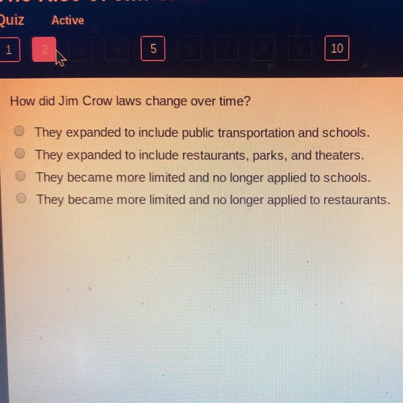 How did Jim Crow laws change over time? A. They expanded to include public transportation-example-1