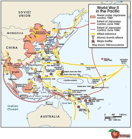 A map shows World War II in the Pacific. Yellow arrows indicate the years in which-example-1