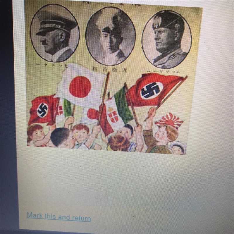 The postcard shows two countries with which Japan was allied in the 1930s. According-example-1