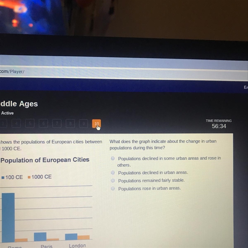 The graph shows the population of European cities between 100 CE and 1000 CE. What-example-1