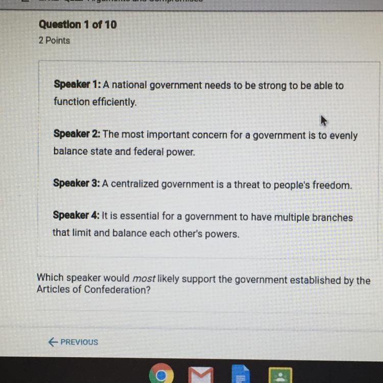 Which speaker would most likely support the government established by the articles-example-1