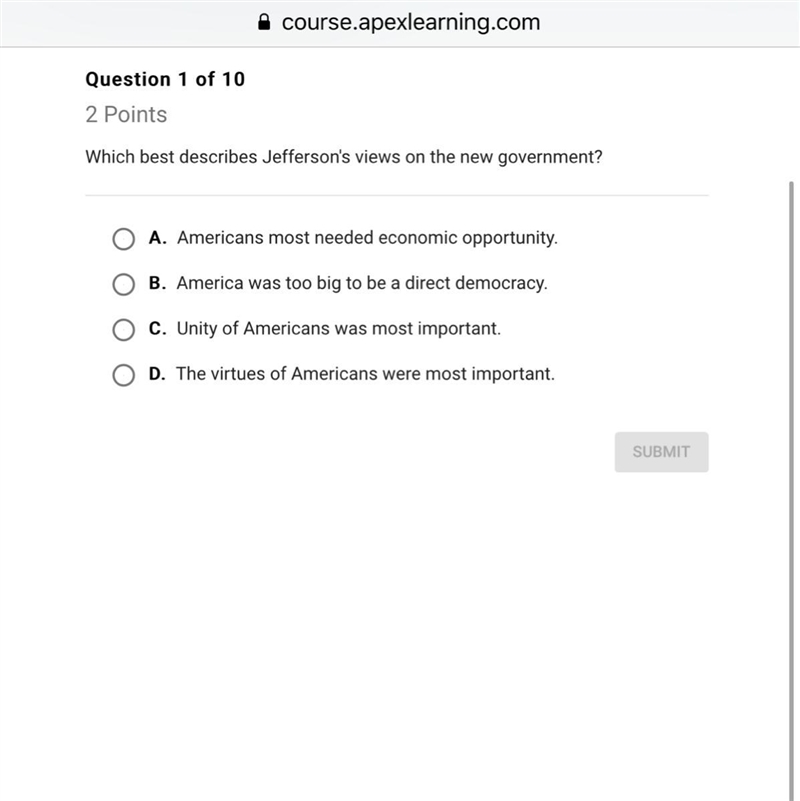 Which best describes Jefferson’s views on the new government ?-example-1