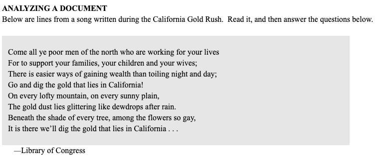 Does the song suggest that it was difficult to find gold in California? Explain.-example-1