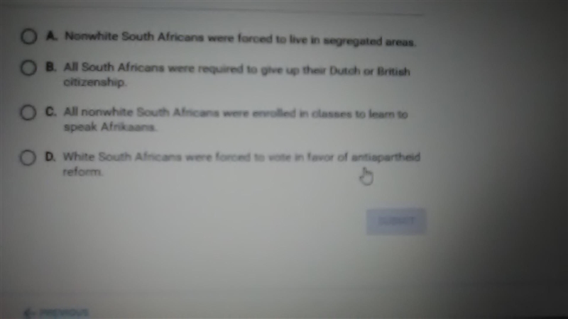 Which statement describes an effect of apartheid on the south african population? Please-example-1