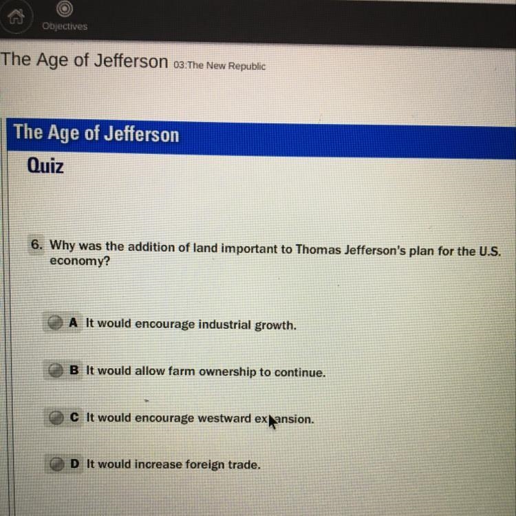 Why was the addition of land important to Thomas Jefferson‘s plan for the US economy-example-1