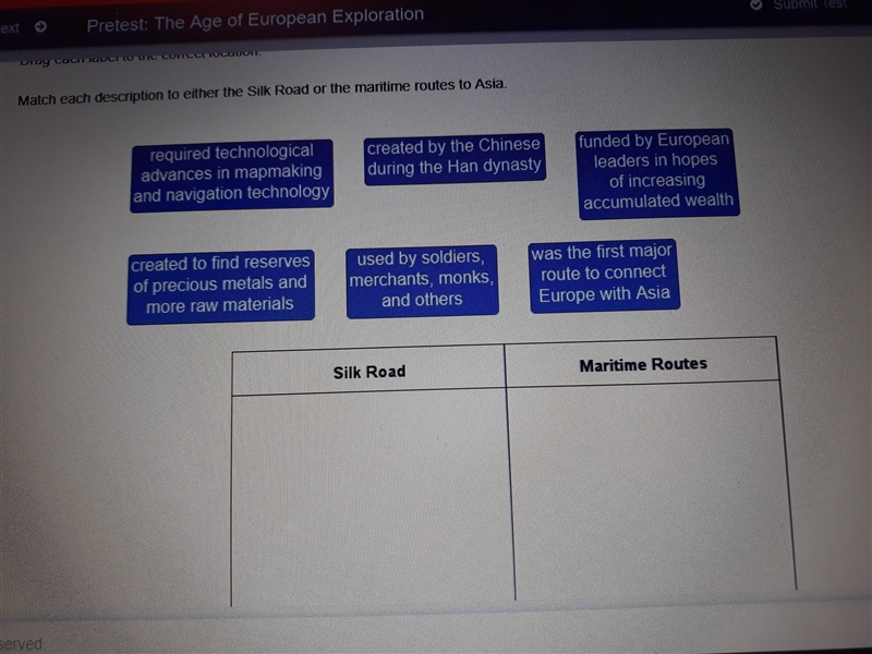 Match each description to Either the Silk Road or the Maritime Routes to Asia.-example-1