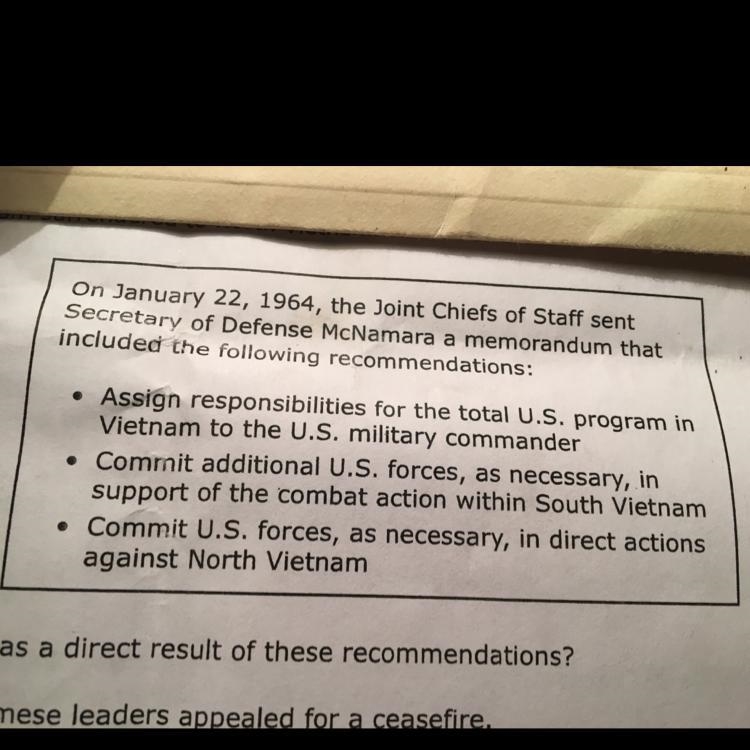 What happened as a direct result of these recommendations F. North Vietnamese leaders-example-1