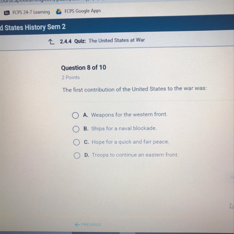 The first contribution of the United States to the war was:-example-1