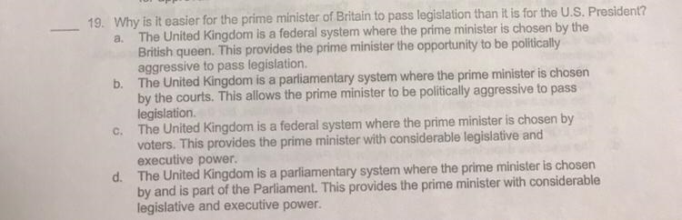 Why is it easier for the prime monster or Britain to pass legislation than it is for-example-1