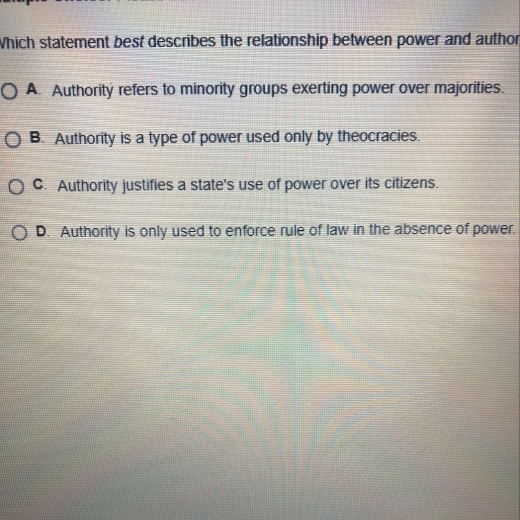 Which statement best describes the relationship between power and authority-example-1