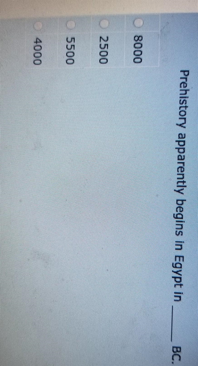 Prehistory apparently begins in Egypt in ____ BC.​-example-1