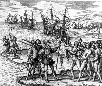 The image by Theodor de Bry depicts Christopher Columbus’s landing on Hispaniola in-example-1