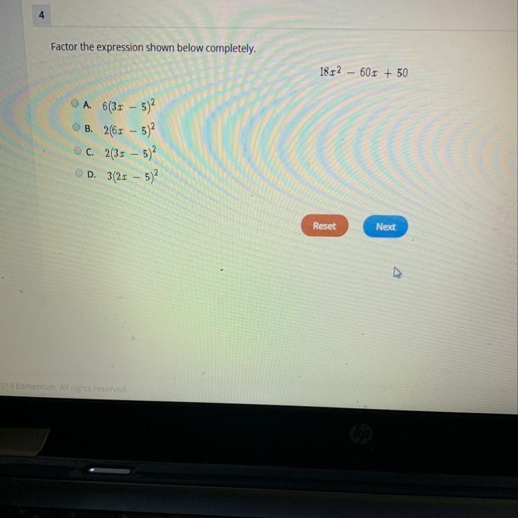 Factor the expression 18x^2-60x+50 A. 6(3x-5)^2 B. 2(6x-5)^2 C. 2(3x-5)^2 D. 3(2x-example-1