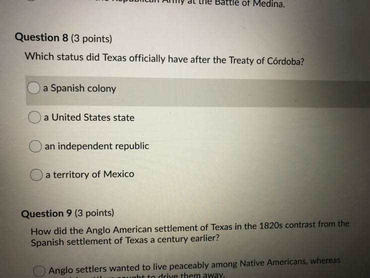 Which status did Texas officially have after the treaty of Córdoba-example-1