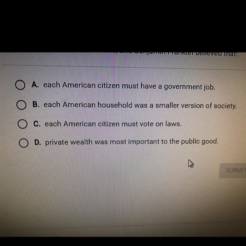 Thomas Jefferson, John Adams, and Benjamin Franklin believed that:-example-1