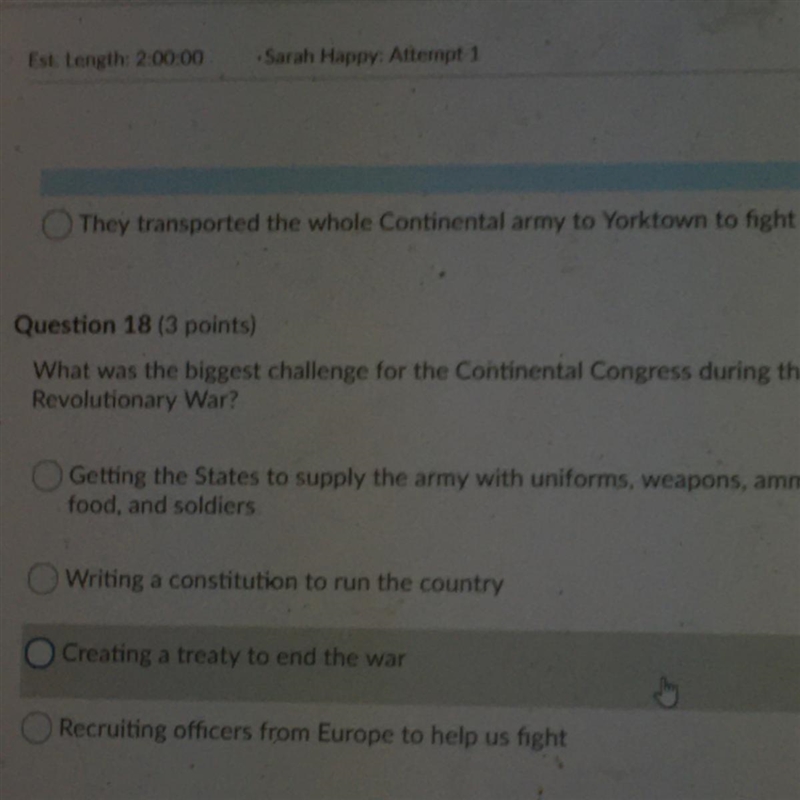 Question 18 (3 points) What was the biggest challenge for the Continental Congress-example-1