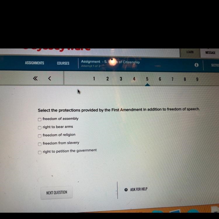 Select the protections provided by the first amendment in addition to freedom of speech-example-1