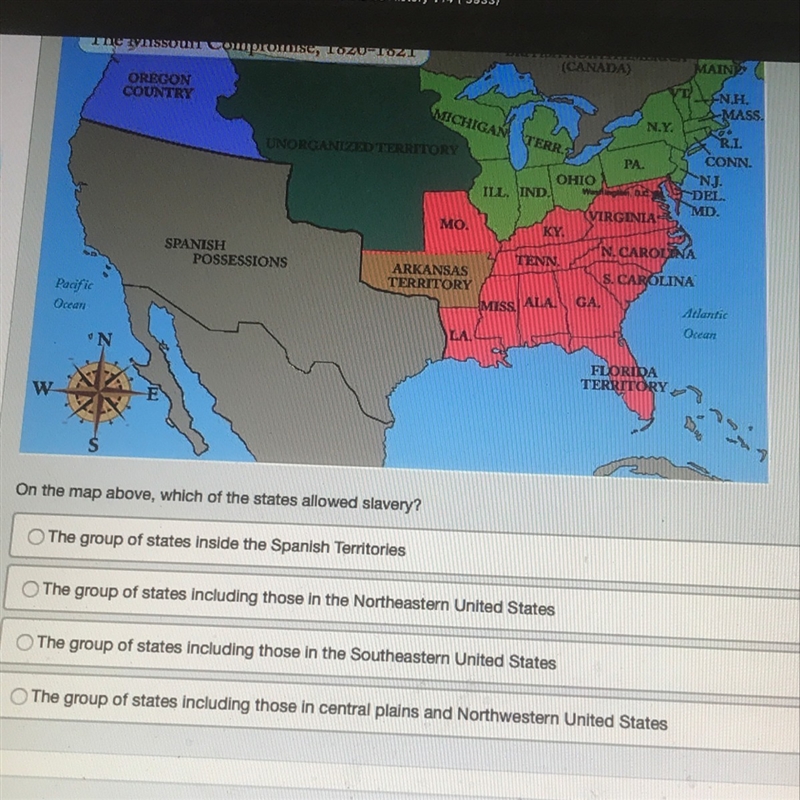 On the map above, which of the states allowed slavery-example-1