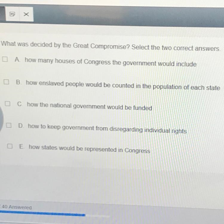 What was decided by the great compromise? Select two correct answers-example-1