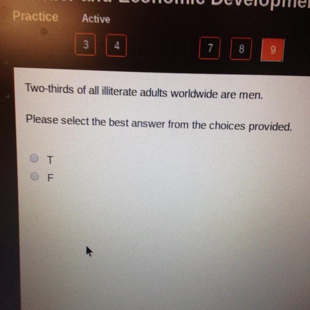 Two-thirds of illiterate adults worldwide are men true of false-example-1