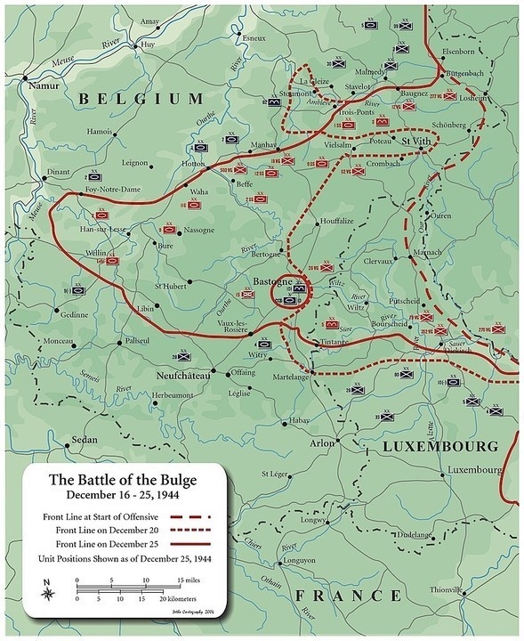 The Map above showing the bulbous protrusion of German Forces into Allied lines in-example-1