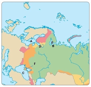 15 POINTS! Which geographical location do the letters A, B, C, D, E, and F refer to-example-1