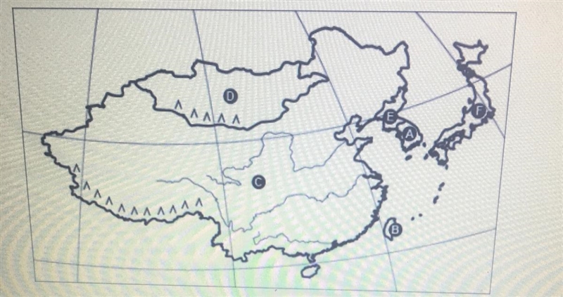 Which letter indicates the location of Mongolia?-example-1