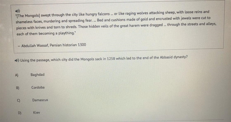 Using the passage, which city did the mongols sack in 1258 which led to the end of-example-1