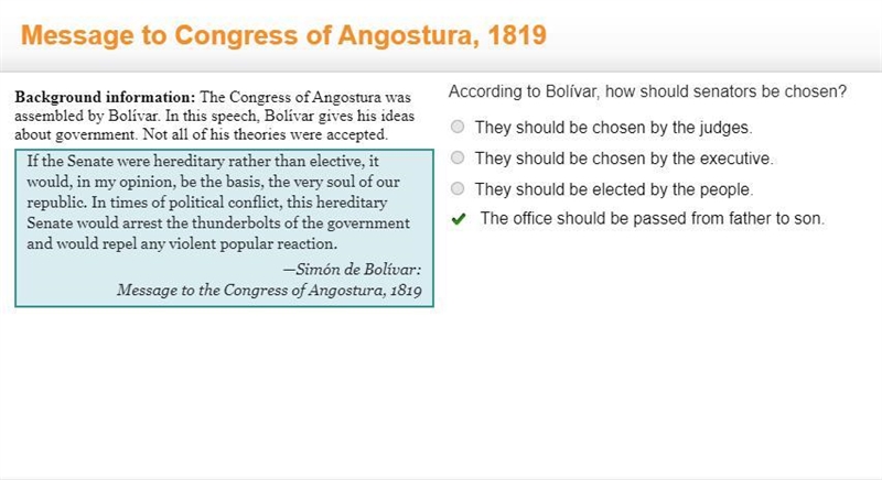 According to Bolivar, how should senators be chosen? Background information: The Congress-example-1