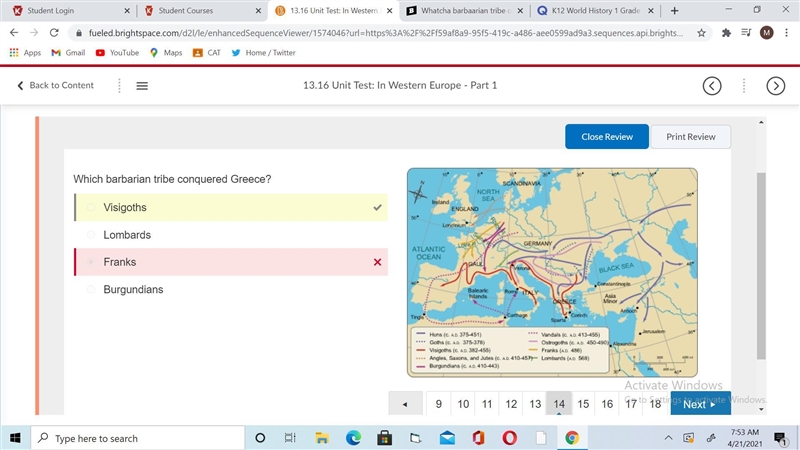 Whatcha barbaarian tribe conquered Greece? A. Burgundians. B. Franks. C. Visigoths-example-1