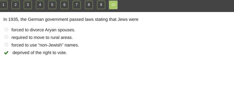 In 1935 the german government passed laws stating that jews were-example-1