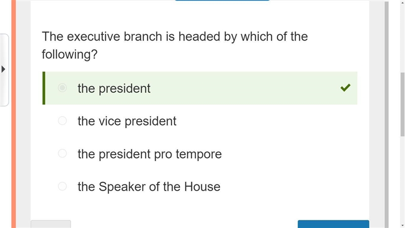 The executive branch is headed by which of the following? O the president pro tempore-example-1