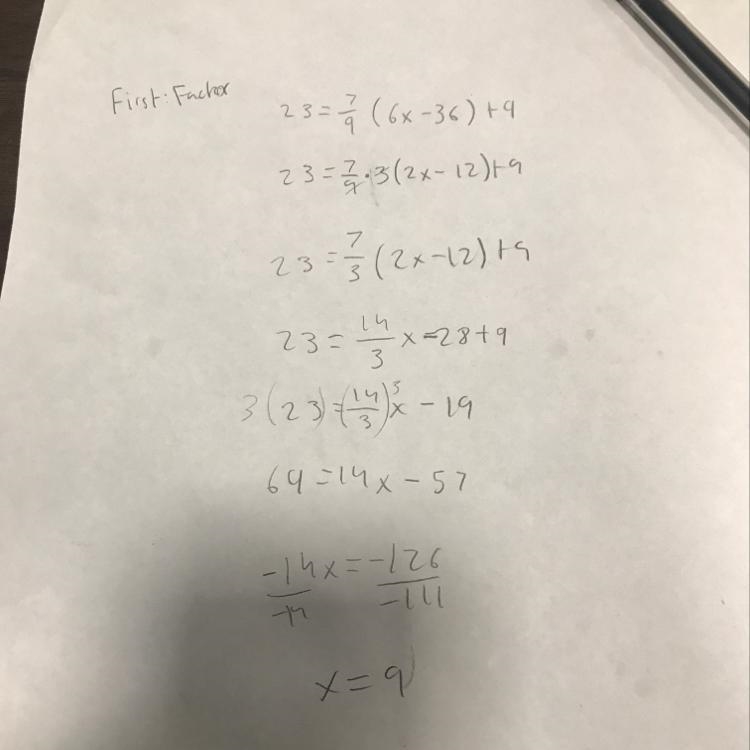 Solve for x 23= 7/9 (6x-36)+9 Can someone explain this equation in simple terms for-example-1