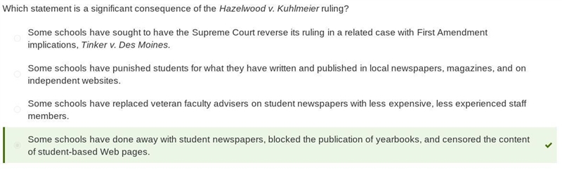 Which statement is a significant consequence of the Hazelwood v. Kuhlmeier ruling-example-1