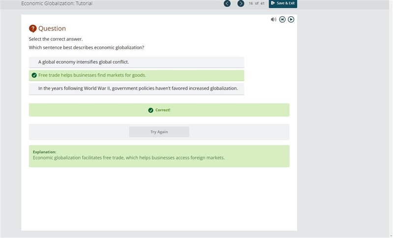 Which sentence best describes economic globalization? Free trade helps businesses-example-1