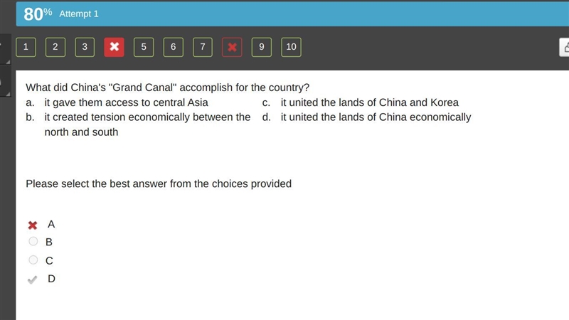 What did China's "Grand Canal' accomplish for the country? a. it gave them access-example-1