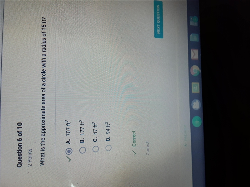 What is the approximate area of a circle with a radius of 15 feet-example-1