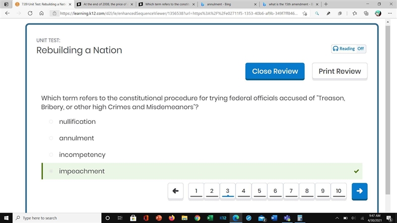 Which term refers to the constitutional procedure for trying federal officials accused-example-1