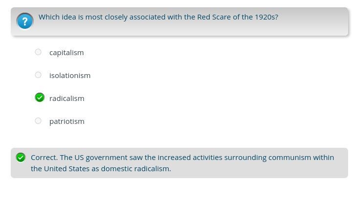 Which idea is mostly associated with the red scare of the 1920s-example-1