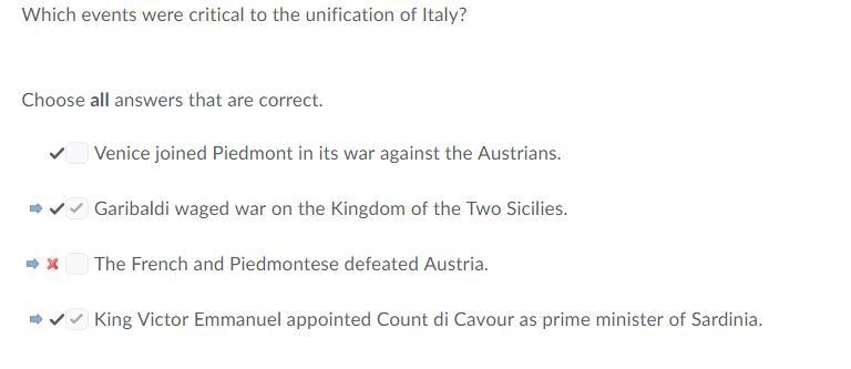 Which events were critical to the unification of Italy. Choose all answers that are-example-1