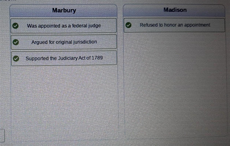 Match each action to Marbury or madison: Refused to honor an appointment. Was appointed-example-1