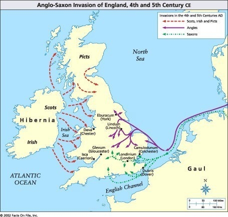 Explain the Anglo-Saxon invasion, and eventual control of England-example-1