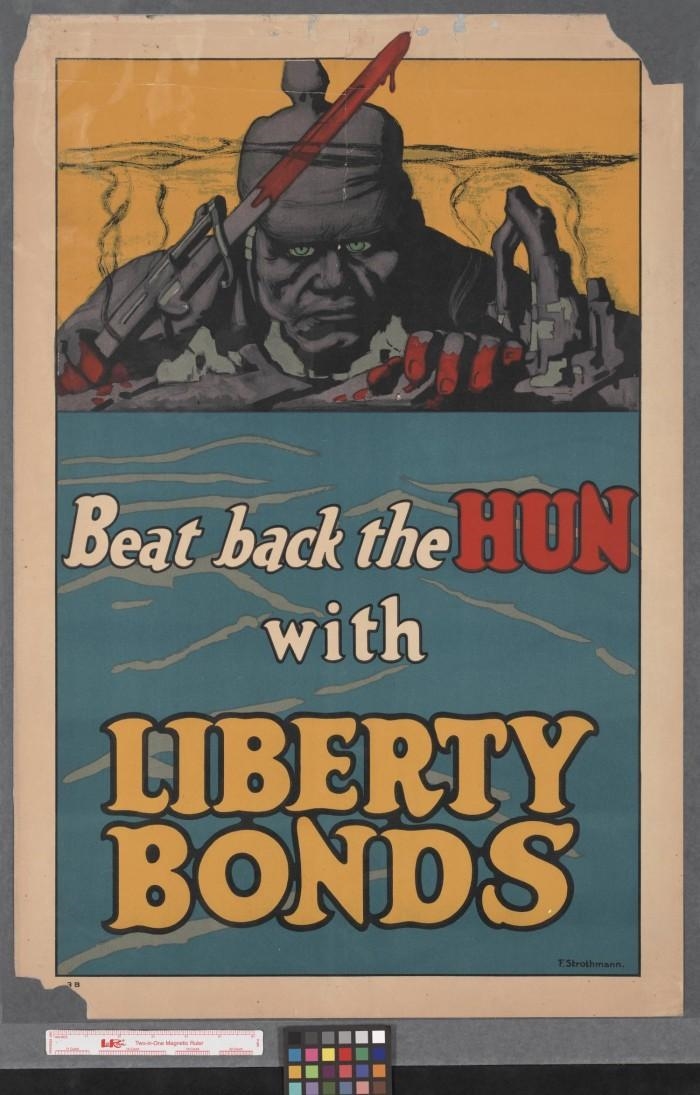 The image below is a poster from World War I: Image of poster that shows a Hun soldier-example-1